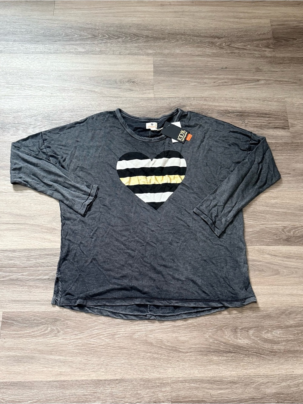 Sundry Dark Charcoal Long Sleeve Tee with Striped Heart Accent